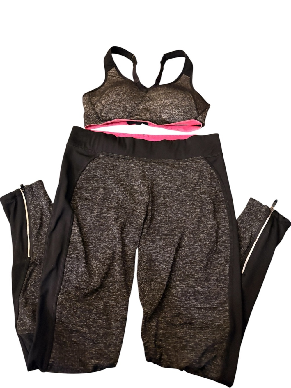 Charcoal Gray Activewear Set with Pink Accent - Sports Bra & Leggings